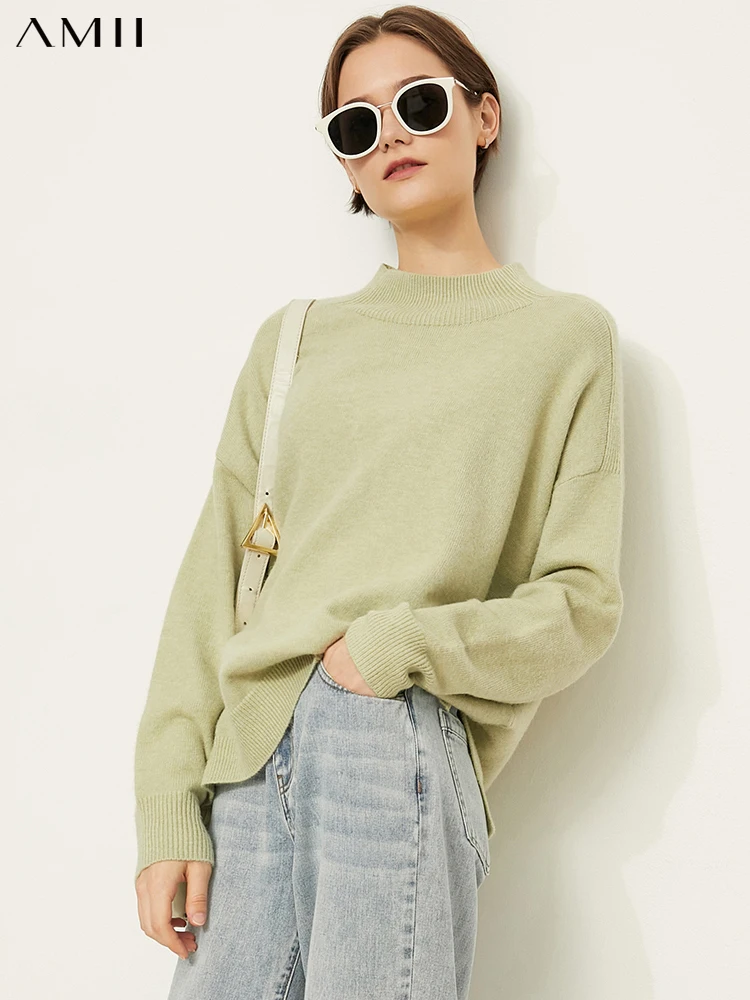 

Amii Minimalism Winter Sweaters For Women Elegant Mock Neck Loose Pullover Fashion Solid Knitted Tops Female Sweater 12120381