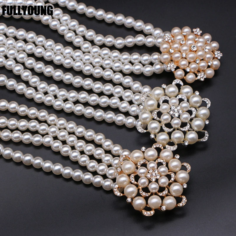 

All-match Style Women's Belt Rhinestone Pearl Hanging Buckle Waist Chain Four-row Pearl Elastic Belt Dress All-match Waist Seal