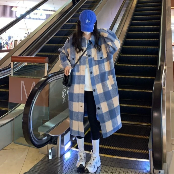 

Женское твидовое пальто средней длины, дизайнерская ветровка в клетку с разрезом, пальто с высоким разрезом для осени и зимы