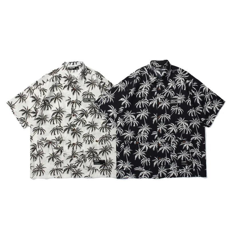 

Vegorrs American Retro Summer Thin Short-sleeved Men's Shirt Loose BF Shirt Woman Hawaiian Coconut Print