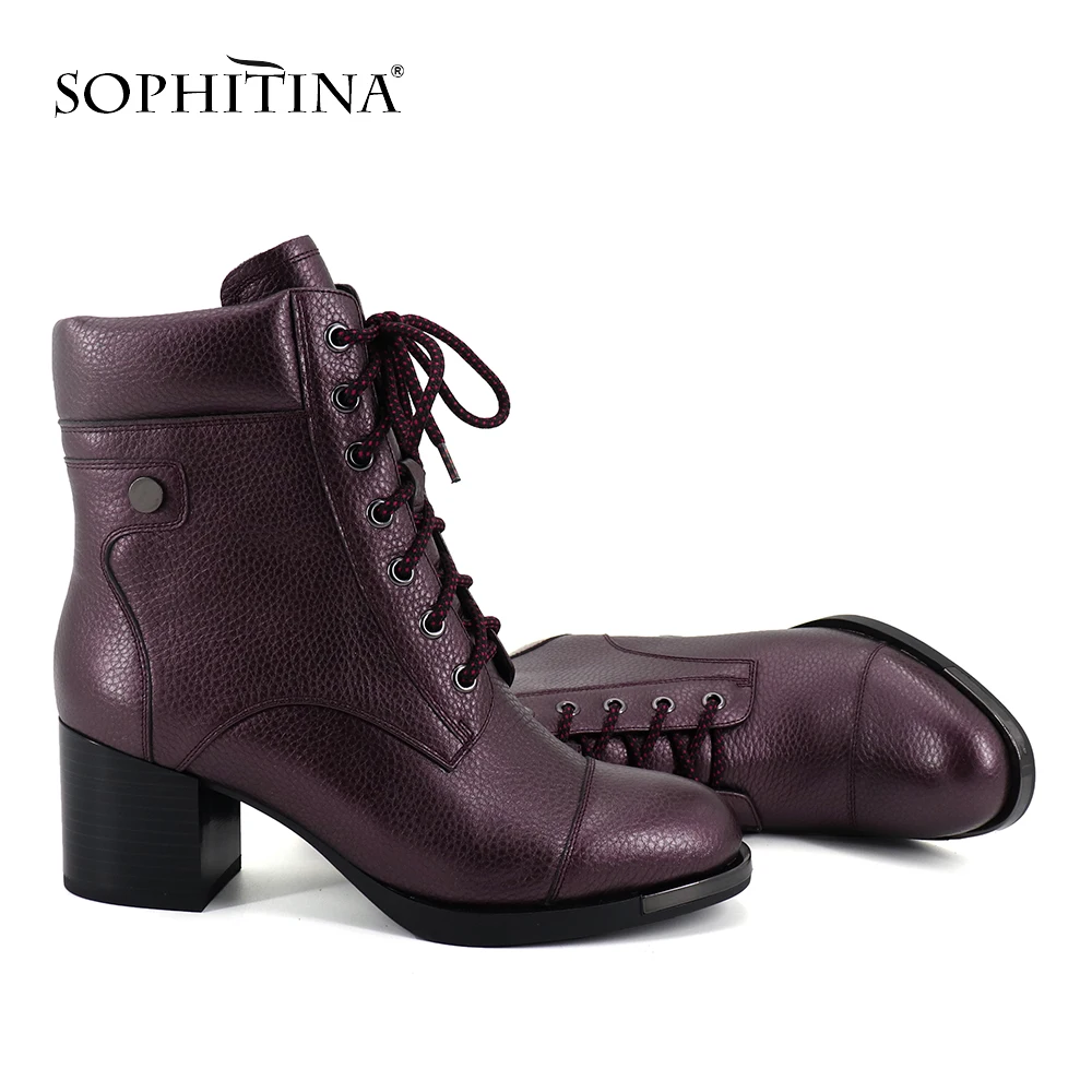

SOPHITINA Comfortable Cross-tied New Boots High Quality Cow Leather Square Heel Round Toe Shoes Women Hot Sale Ankle Boots PC373