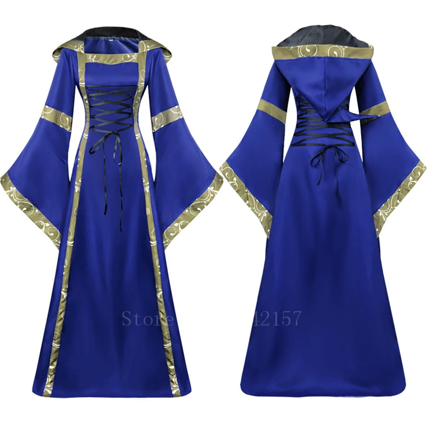 Женское винтажное платье принцессы с капюшоном и рукавами колокольчиками для