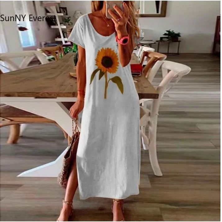 

2021 New Dress Sunflower Plant Style Ladies Print Side Slit Dress Standard Waist Summer Dresses for Women Strawberry Dress