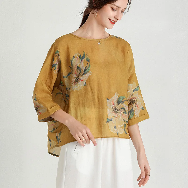 

LANMREM T-shirt loose round neck printing short sleeve temperament thin cotton Casual Women's Summer 2021 New Arrival