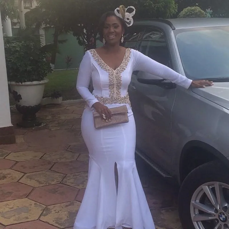 

Женское платье-Русалка для выпускного вечера, длинное белое и Золотое Платье с длинным рукавом, расшитое бисером и кристаллами, модель 2018