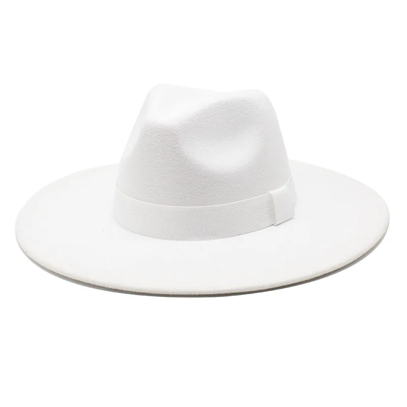 

White Black Fedora Hat With Ribbon Chain Top Jazz HatsFor Women And Men Wide Brim Felt Lady Fashion Panama Floppy Cap Wholesale