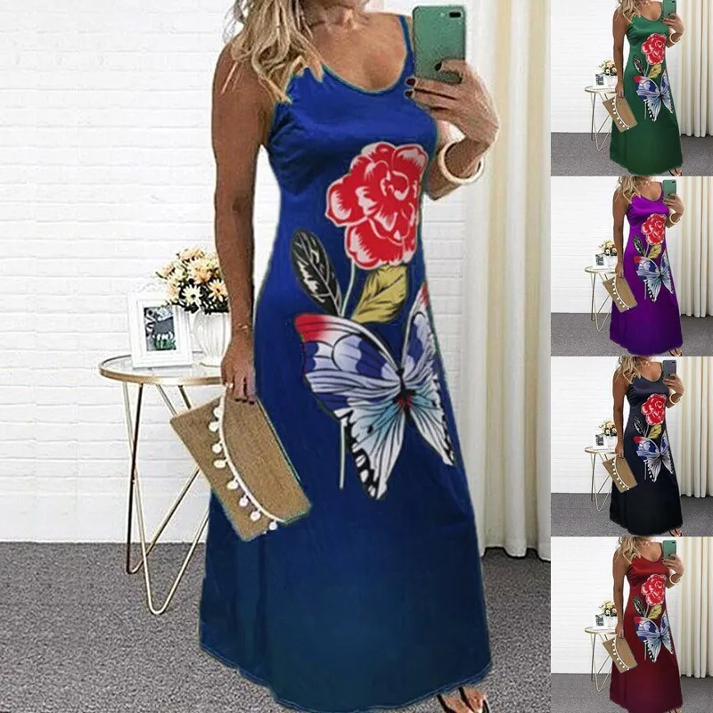 

Платье женское длинное в пол без рукавов с принтом бабочки