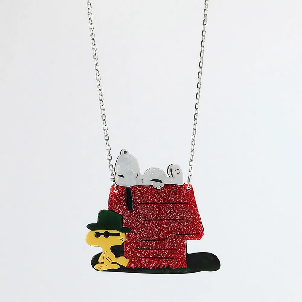 

New Design Red Glitter House with Dog Pendant Necklace For Women Girls Cartoon Funny Dogs Long Chain Necklace Fashion Jewelry