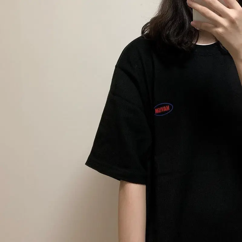 

T-shirts Women Short 5 Quarter Sleeve Loose Casual Letter Print O-neck Basic All-match Korean Style Simple Harajuku Student Chic