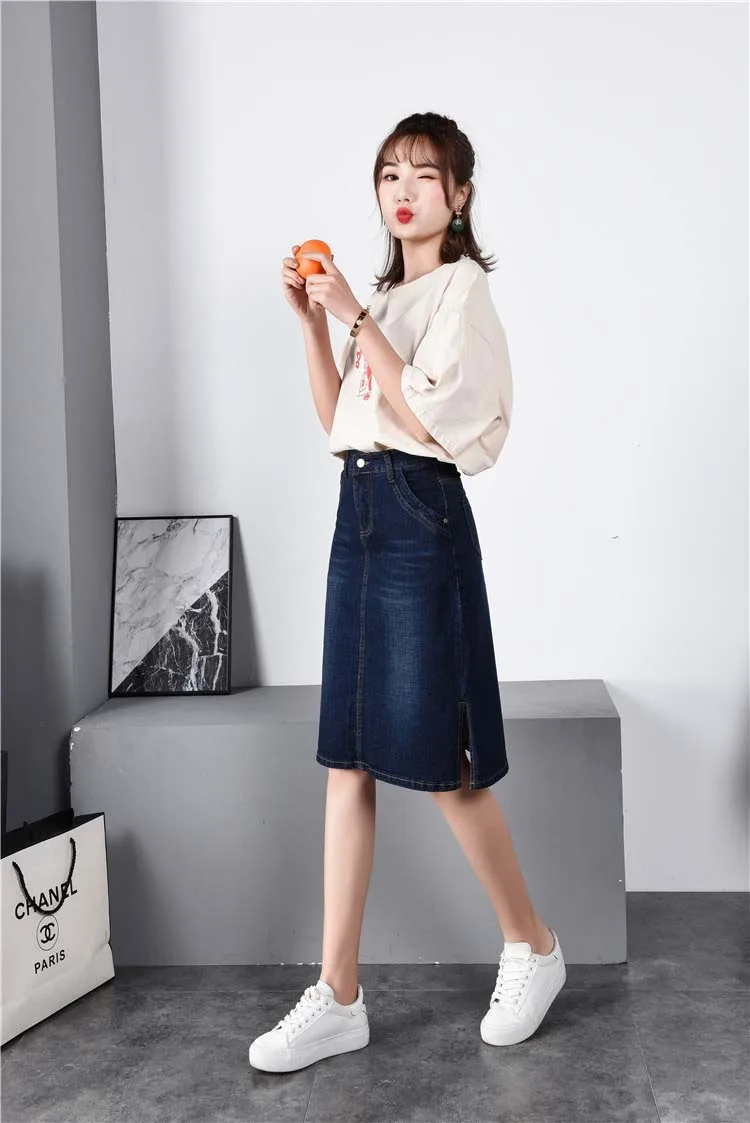 

Plus Size S-6XL Denim Skirt Women Summer Fashion High Waist A Line Jean Skirts Office Lady Vintage Package Hip Knee-Length Skirt