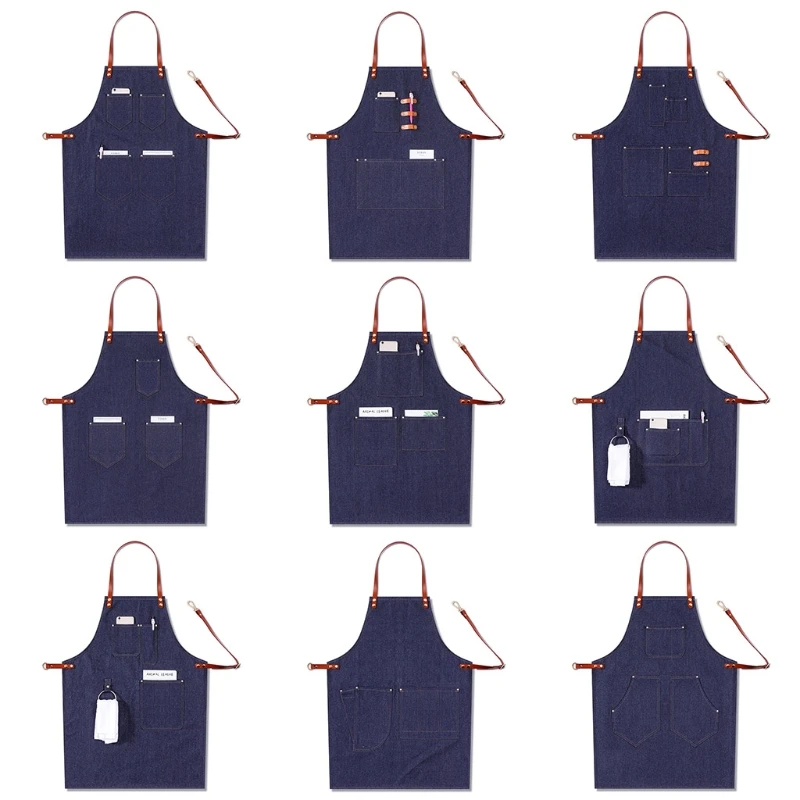 

Blue Denim Chef Apron for Men Work Professional for Barbeque Cooking, Water Resistant with Tool Pockets, Towel Loops K0AB