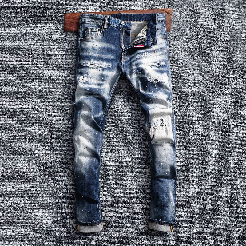 Street Style Fashion Men Jeans Retro Blue Elastic Slim Fit Ripped Jeans Men Brand Patchwork Designer Hip Hop Plain Denim Pants