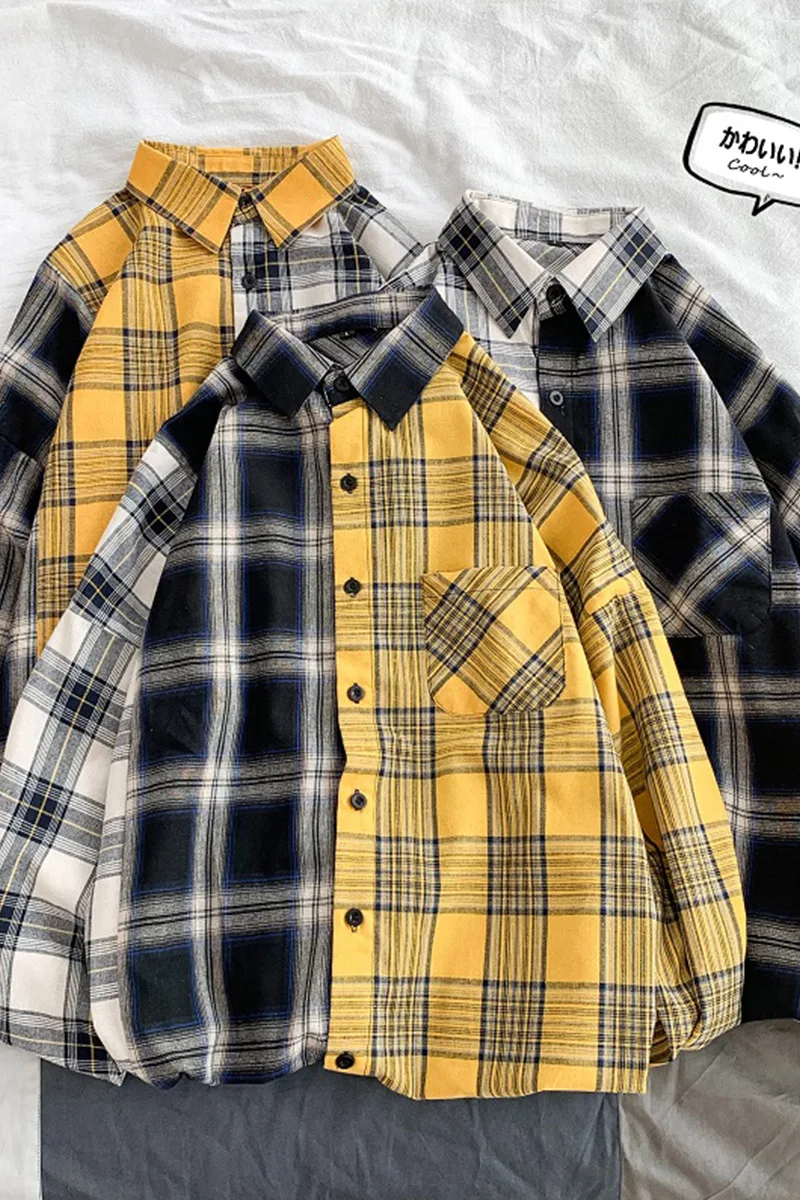 

Flannel Men Plaid Shirt Slim Fit Casual Long Sleeve Sanding Shirt Male Streetwear Shirts Harajuku Patchwork 100% Cotton Shirts