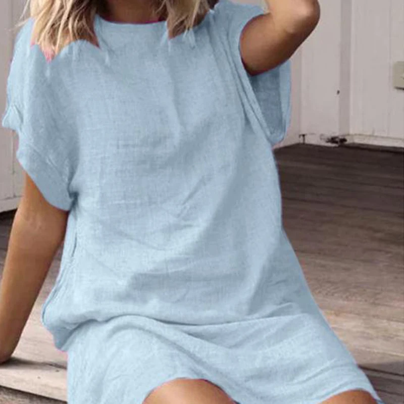 Женское летнее свободное короткое платье с круглым вырезом 9 цветов