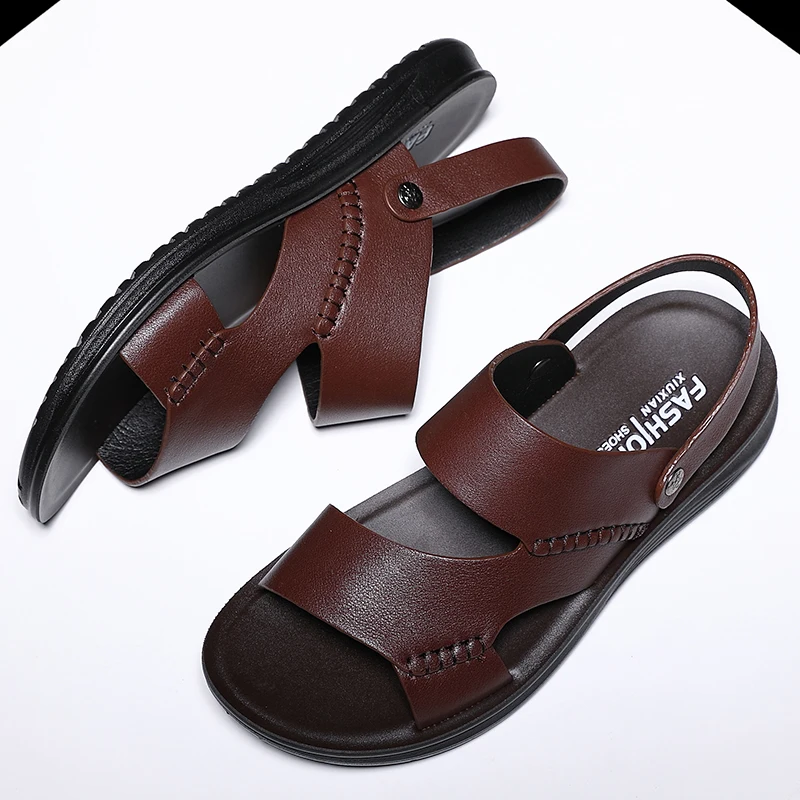 2021 New Men's Cowhide Summer Sandals Anti-Slip Quality Two Wearing Shoes Light Weight Leisure Man Beach sandals | Обувь