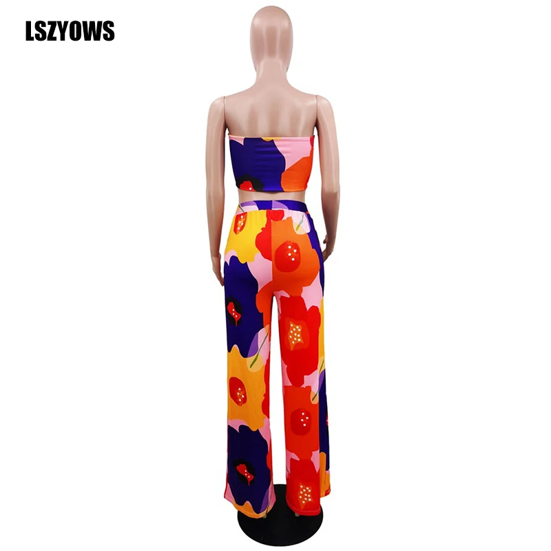 

Sexy 2 Piece Outfits for Women Sleeveless Bandage Crop Top and Long Wide Leg Pants Suit Summer Casual Floral Print Two Piece Set
