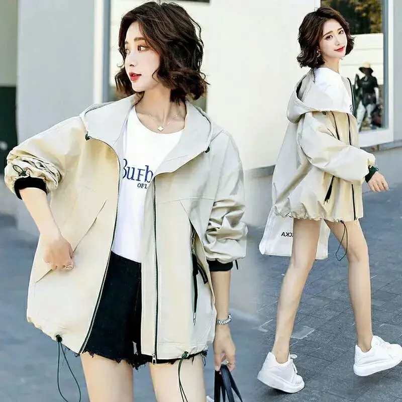 

Jacket Women's 2021 New Spring Autumn Hooded Trench Coat Korean Loose BF Casual Solid Long Sleeve Versatile Short Windbreaker