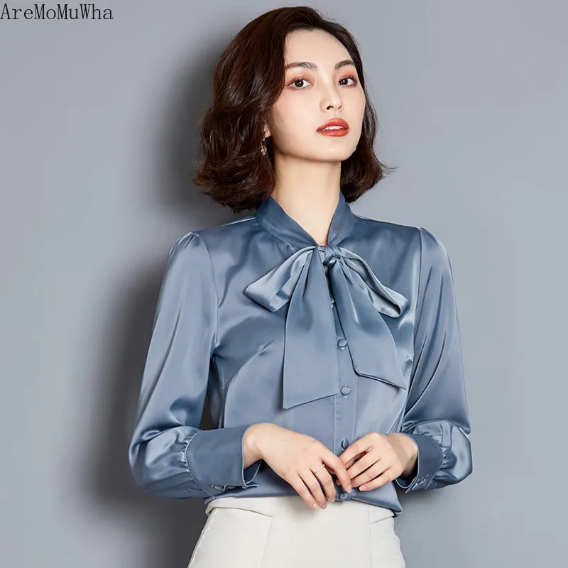 Шифоновая рубашка со шнуровкой и большим бантом с длинными рукавами женская из