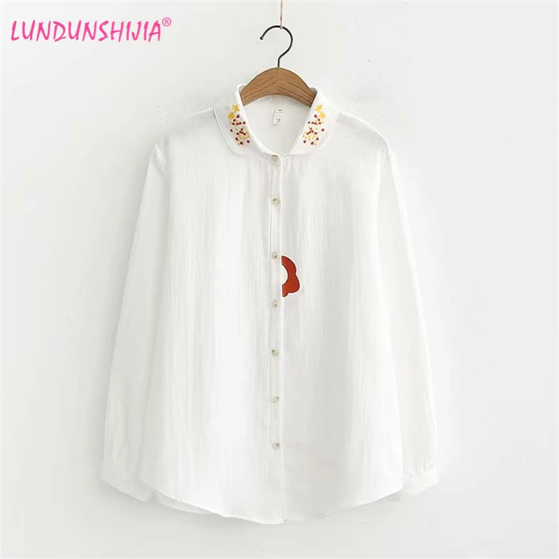 Женская белая блузка LUNDUNSHIJIA рубашка с отложным воротником и вышитыми