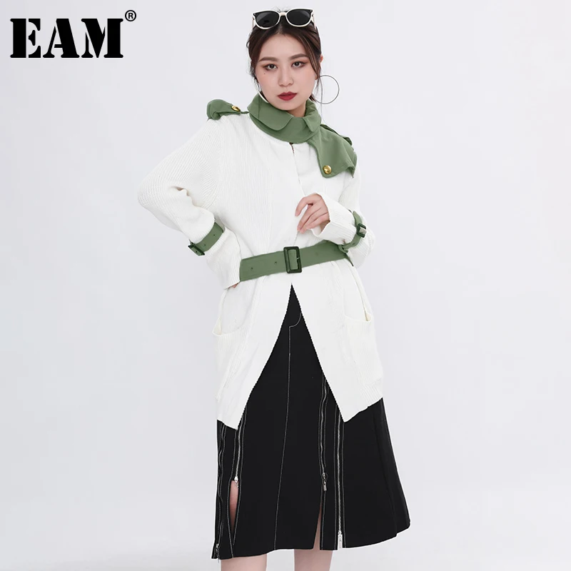 

[EAM] Loose Fit Army Green Knitting Temperament Jacket New Lapel Long Sleeve Women Coat Fashion Autumn Winter 2021 1M98600M