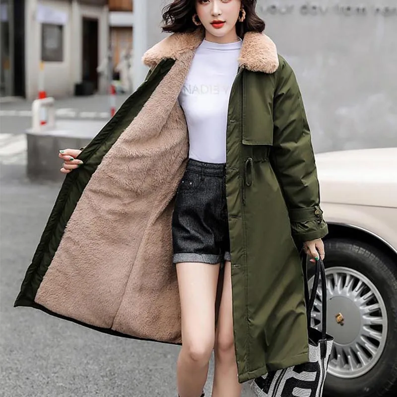 

2021 Женская хлопковая одежда корейская Свободная куртка женская овечья шерсть с капюшоном Повседневная теплая ветровка утепленная Длинная ...
