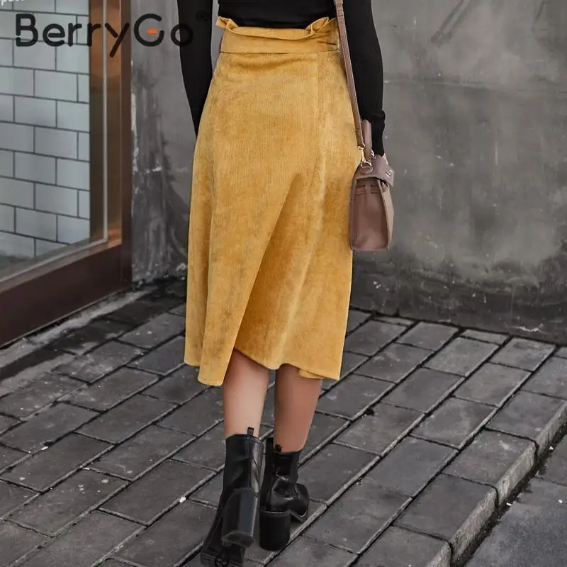 Женская Вельветовая юбка-трапеция BerryGo винтажная Юбка-миди с поясом и высокой