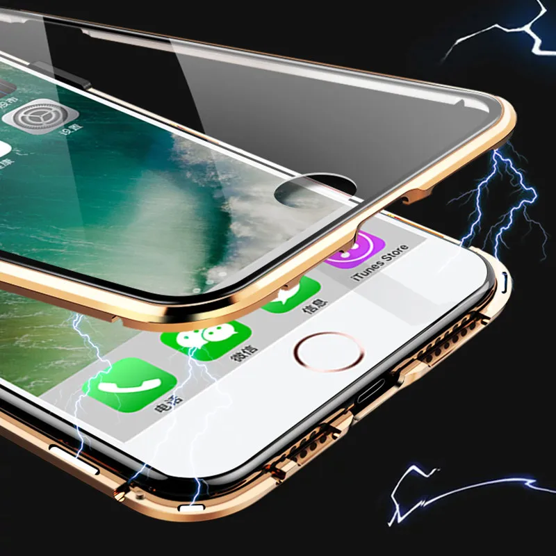 Магнитная Адсорбция металлический чехол для iPhone X 7 8 плюс Двусторонняя закаленное Стекло задний Чехол на магните для iPhone 6 6s X XS Max чехол