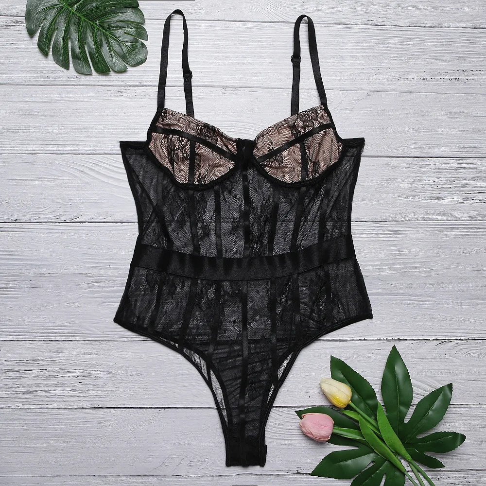 

Sexy See Through Lingerie Bodysuit Erotic Lingerie Porno Women Tempting Hollow Out Jumpsuit Femme Sexy Lace Deep-V Babydoll 2021