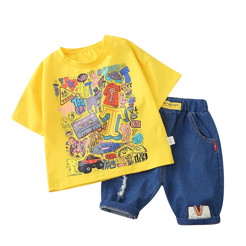 Boys summer 2021 new suit handsome baby kid cartoon children short-sleeved summer two-piece suit