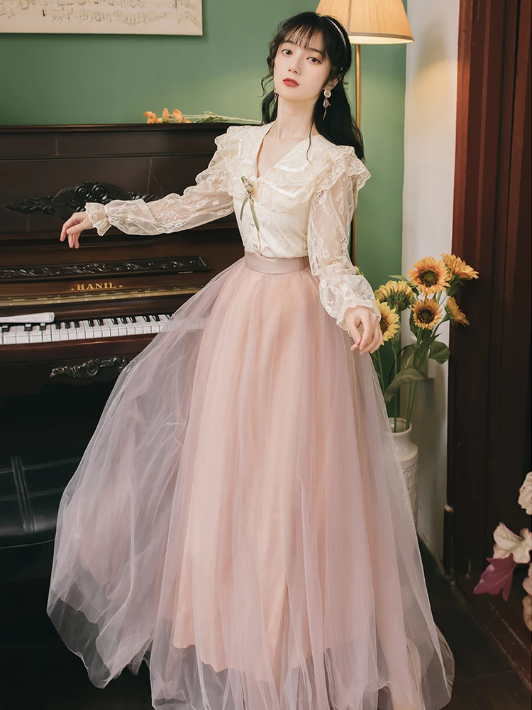 Женский элегантный костюм с юбкой расклешенные рукава милая кукла кружевная