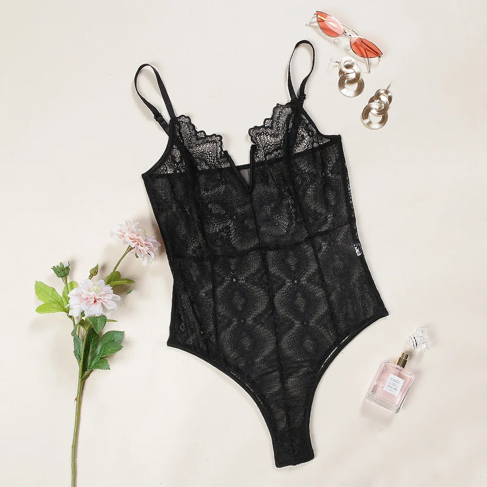 

See Through Bodysuit Lace Babydoll V-neck Exotic Costumes Catsuit Lingerie Women's Underwear Sexy Erotic Woman Bodysuit 2021