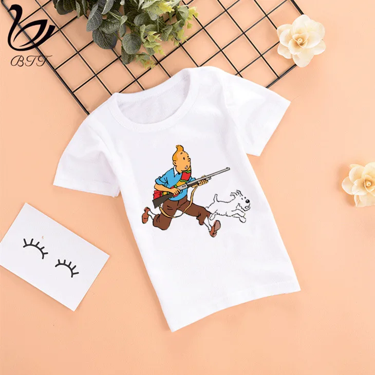 Tintin/модные летние стильные Забавные топы для девочек с героями мультфильмов; модная уличная одежда; Harajuku; футболка для мальчиков; уличная детская футболка - Цвет: E