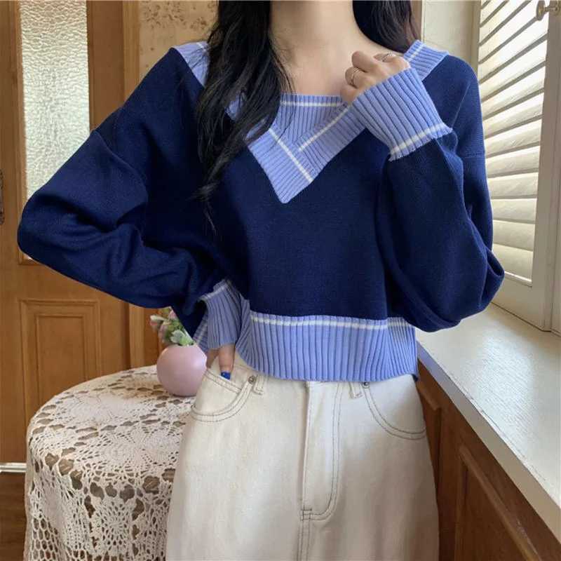 Casual Knitted Sweater Women Autumn 2021 Long Sleeve Korean Fashion Big Size Knit Pullovers White Cropped Tops White Blue Black