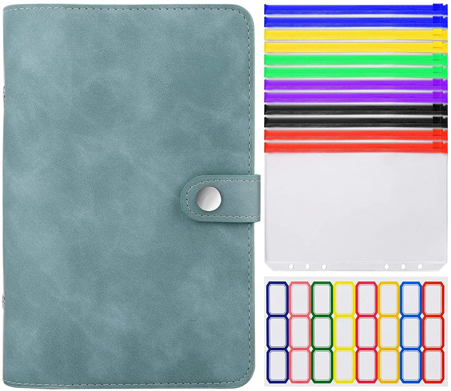 Cubierta de cuero sintético A5 con bolsillos de plástico, carpeta de cuaderno rellenable suave de 6 anillos, 12 sobres de presupuesto con cremallera transparente de colores