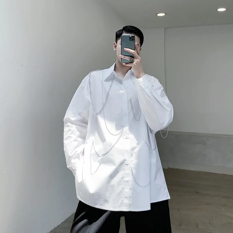 

Stage Clothes Men Chain Decoration Long Sleeve Causal Shirt Male Streetwear Hip Hop Fashion Loose Black Shirt