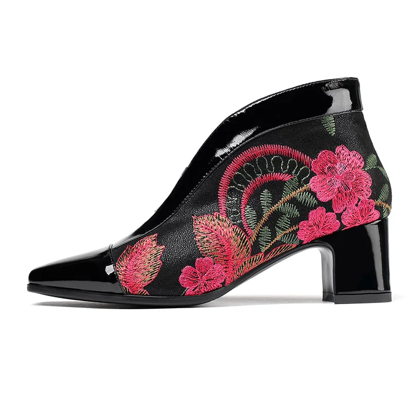 Женские ботильоны с цветочной вышивкой Phoentin зимние кожаные ботинки без застежек