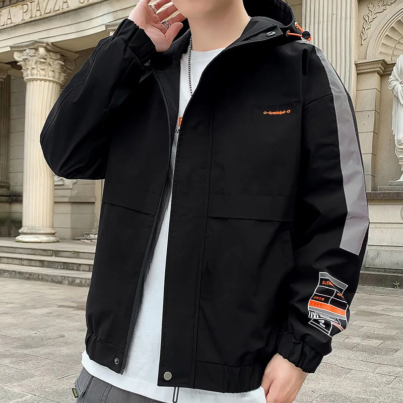 Мужская Осенняя Рабочая куртка со стоячим воротником и капюшоном Уличная Черная