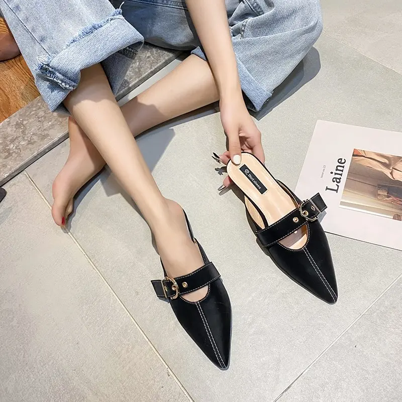

2021 Female Slippers Summer Korean Fashion Outer Wear Baotou Low-heeled Muller Slippers Metal Belt Buckle Half Support Sandals