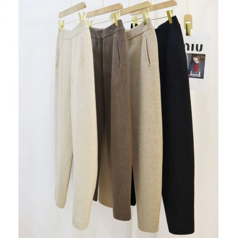 

2021Four Flat Hollow Thickened Cashmere Knitted Trousers Women's Baggy Pants Outer Wear High Leg Straight plus Size Crotch