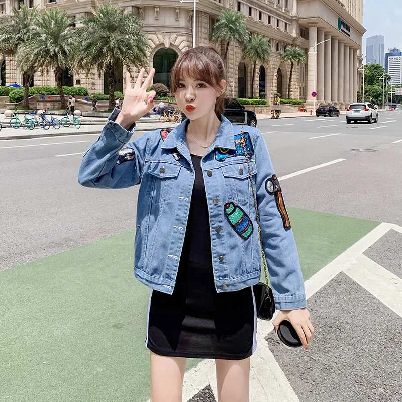 

New sequin embroidered long-sleeved denim jacket female slim slimming short coat top