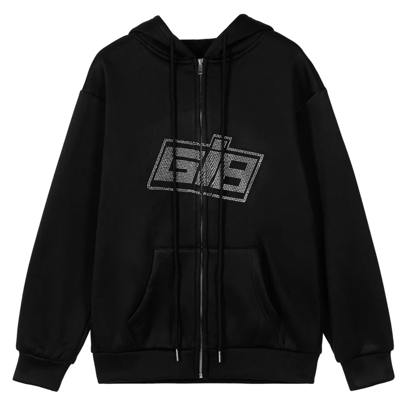 

European and American style spring 2021 new hoodie round neck loose letter hot drill zipper cardigan hoodie
