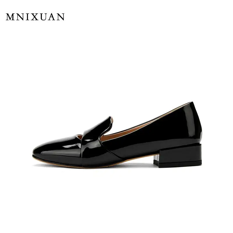 

MNIXUAN Handmade women office shoes low heels 2020 spring autumn new round toe patent leather slip on hollow block heel shoes