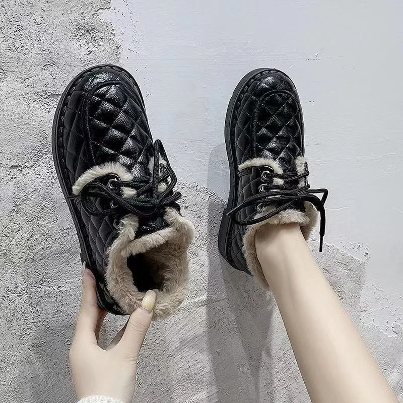 

Autumn Winter Women's Cotton Korean Leather Boots Plush Warm Flat Bottom Snow Boots Women Shoes