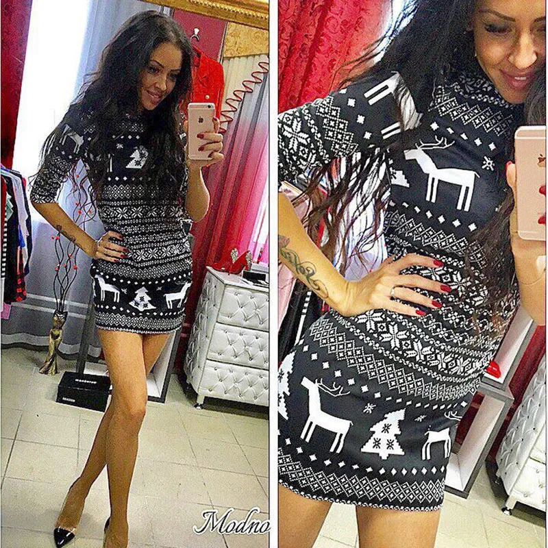 Женское рождественское платье с принтом оленя осенне зимняя одежда облегающее