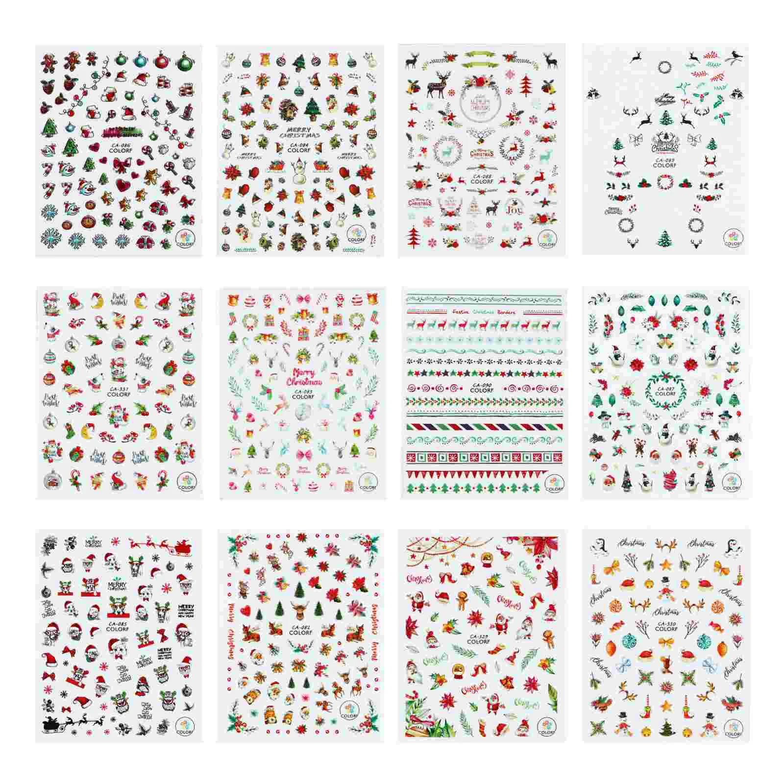 

12 листов рождественских наклеек для ногтей, Самоклеящиеся украшения для ногтей, разные цвета