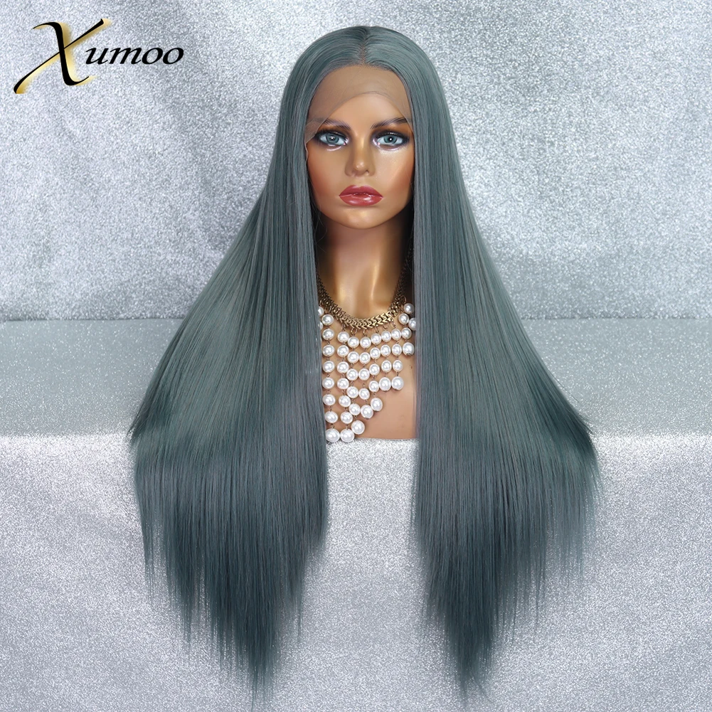 

Парик с длинными прямыми черно-зелеными синтетическими кружевами спереди, парик для косплея, парик для вечеринки «Drag Queen», темно-зеленые пар...