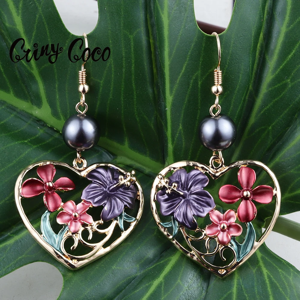 

Cring Coco Enamel Heart Drop Earrings Gold Plated Hawaiian Hibiscus Flowers Earing 2021 Fashion Pearl Ear Rings for Women Luxury