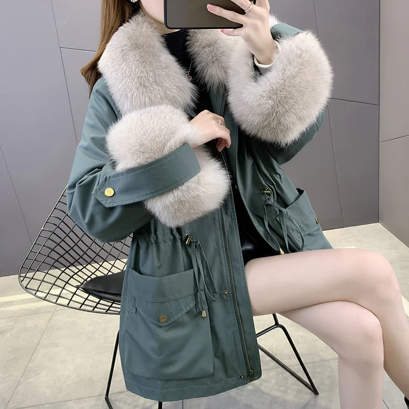 

SHZQ, новинка зимы 2021, очень большая подкладка из лисьего меха и кролика, Женское пальто средней и длинной длины