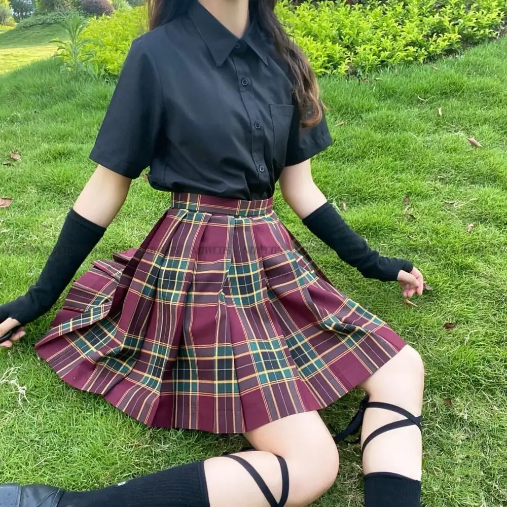 

[Black Hawthorn] JK School Uniform Red Plaid Skirts For Girls Short/Long High Waist Pleated Skirts Women Dress Students Clothes