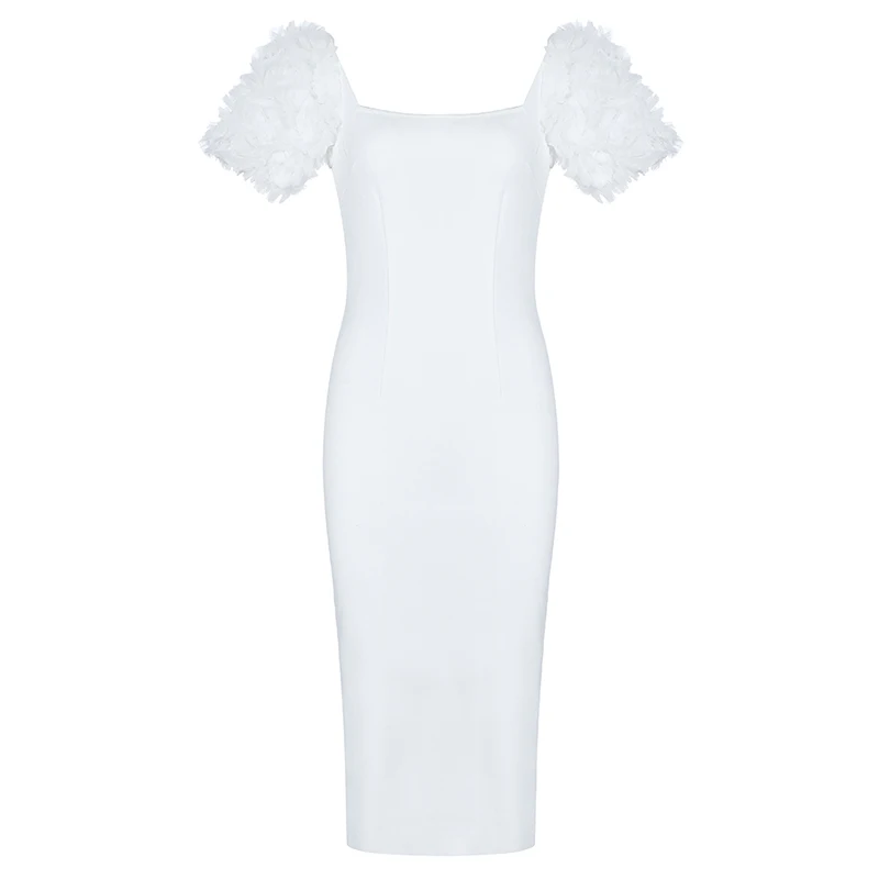 

INDRESSME 2019 New Fashion Office Lady Vestidos Square Collar Folding Mesh Puff Short Sleeve Bandage Knee-Length Dress